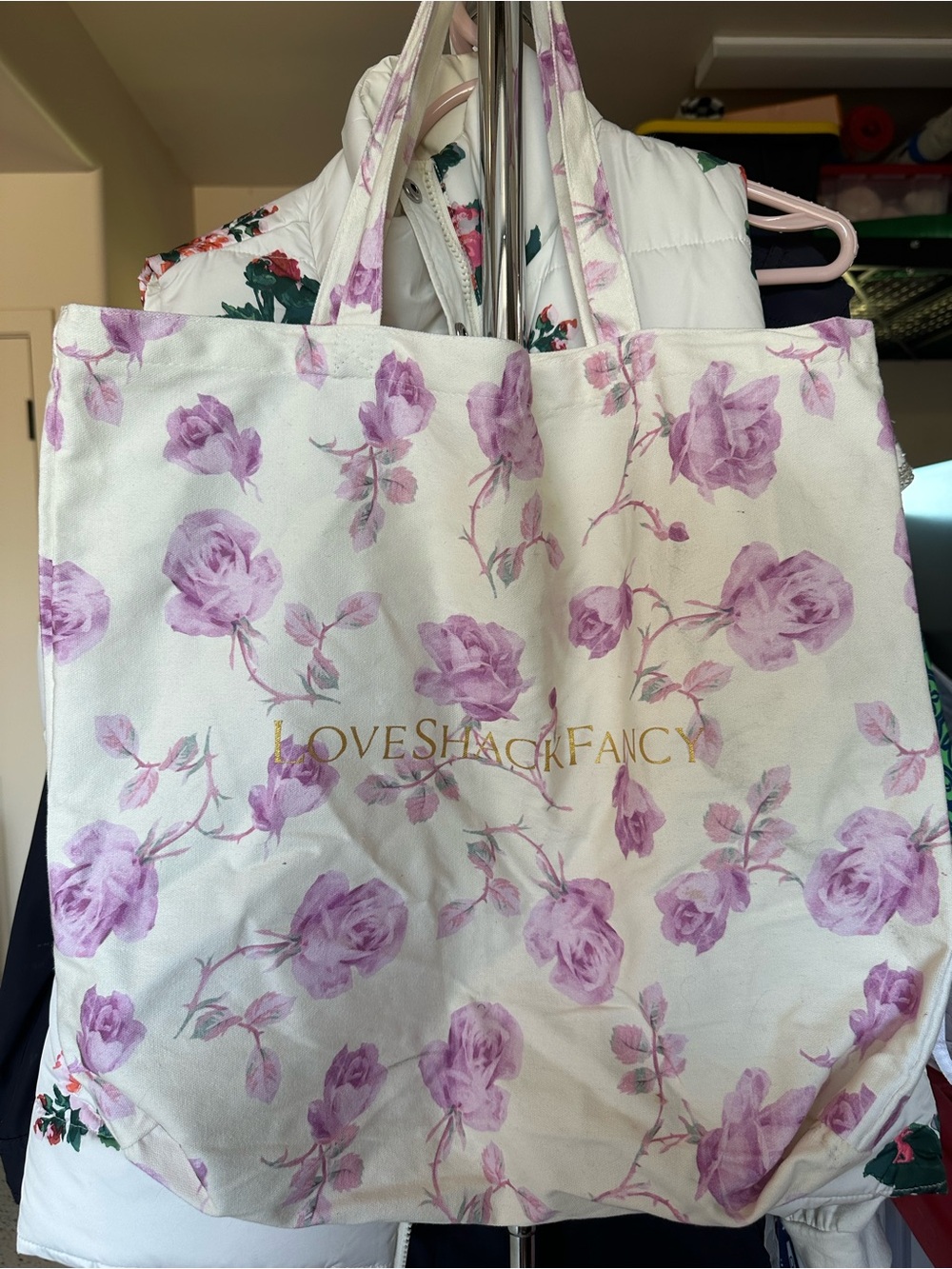 LoveShackFancy Lavender Rose Canvas Tote with Gold Logo
